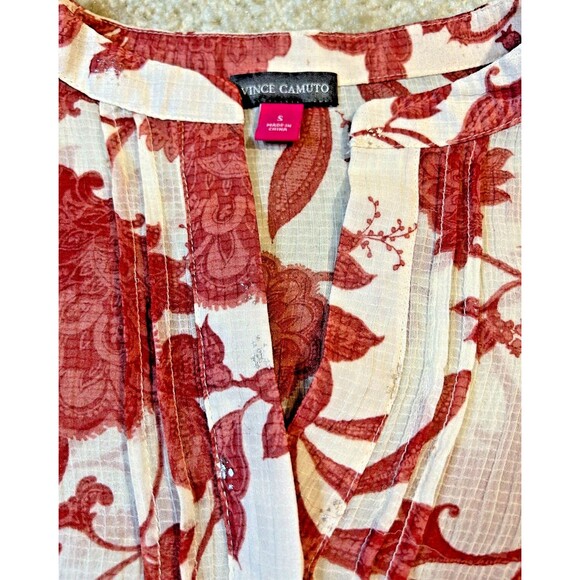 Vince Camuto Women's Blouse Small Sheer Ivory Tunic 3/4 Bell Sleeves Red Flowers - Picture 2 of 6